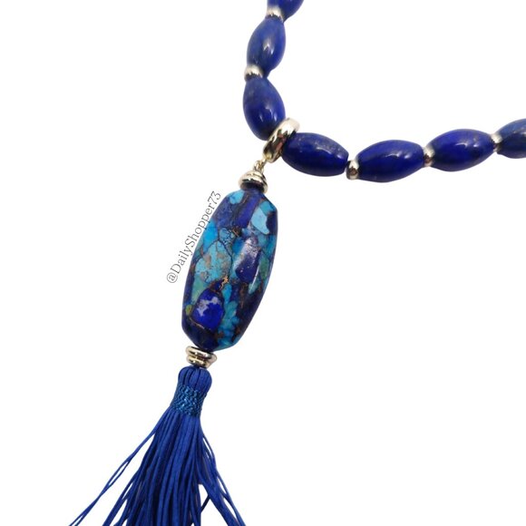 Kendra Scott Blue & Gold "Insley" Long Stone Pendant Tassel Necklace - Picture 9 of 11